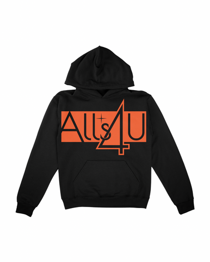 Black hoodie with orange 'Alls4U' logo on a white background