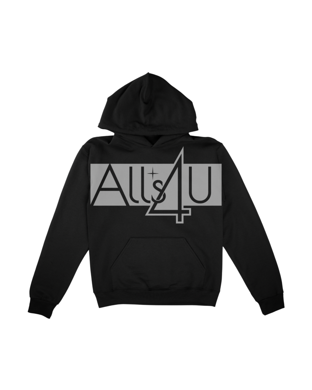 Black hoodie with 'Alls4U' logo on a silver background