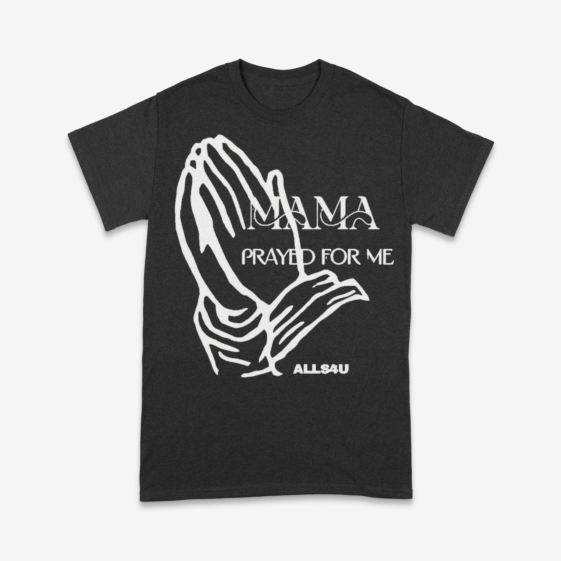 Black t-shirt with white praying hands graphic and text on a white background