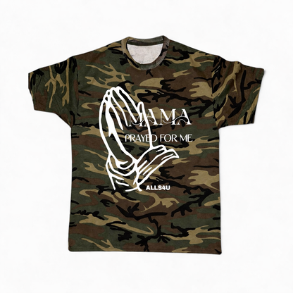 Camouflage t-shirt with white graphic and text on a white background