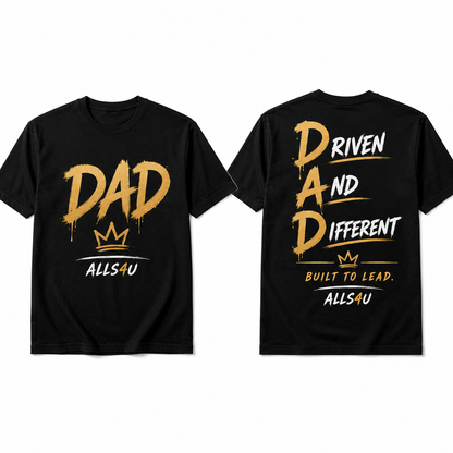 Black t-shirt with 'DAD' and 'Driven and Different' text on a white background