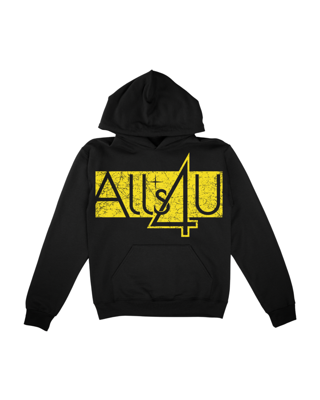Black hoodie with yellow 'Alls4U' logo on a white background