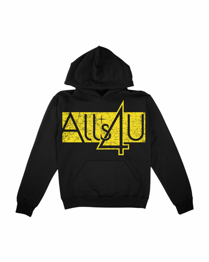 Black hoodie with yellow 'Alls4U' logo on a white background