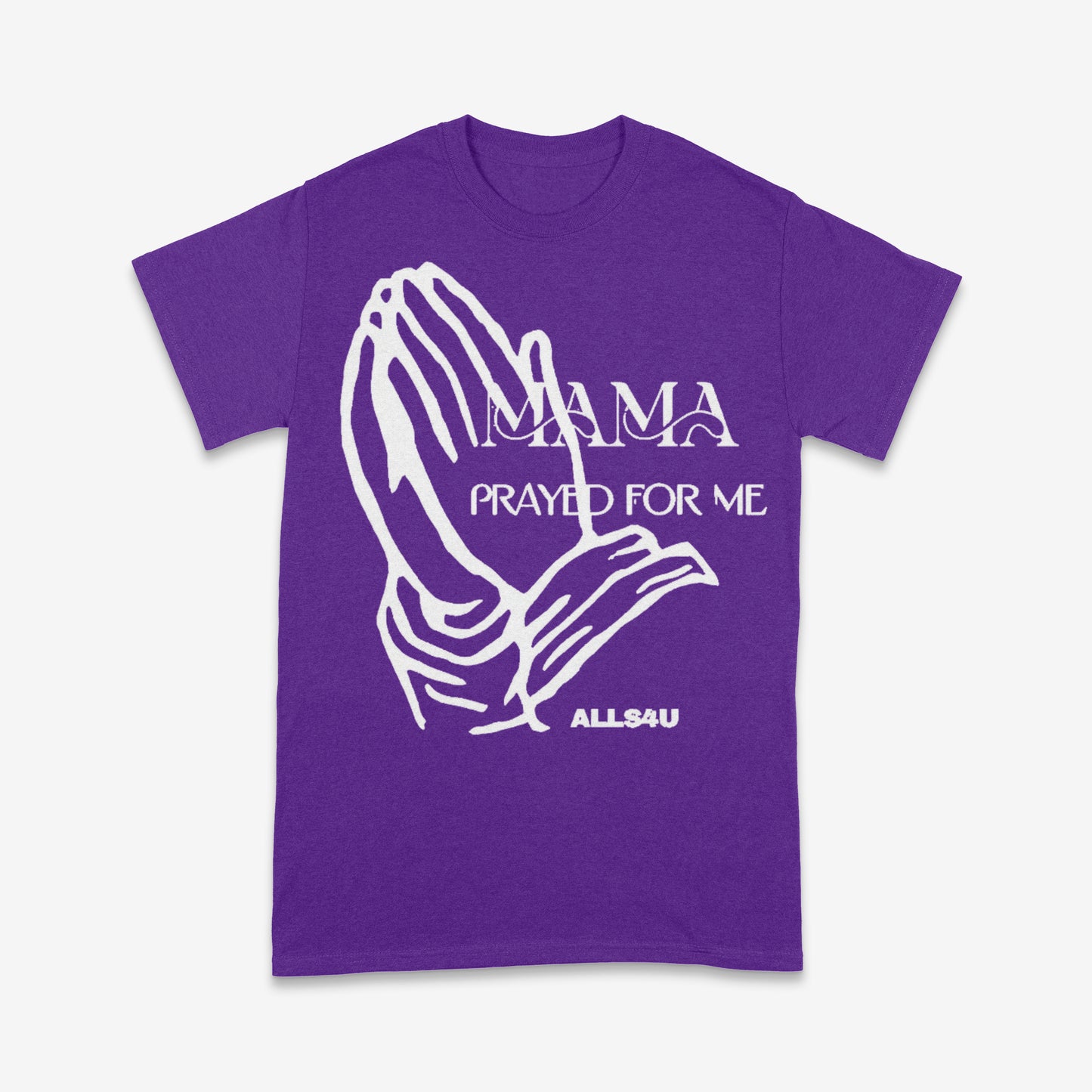 Purple t-shirt with white praying hands graphic and text on a white background