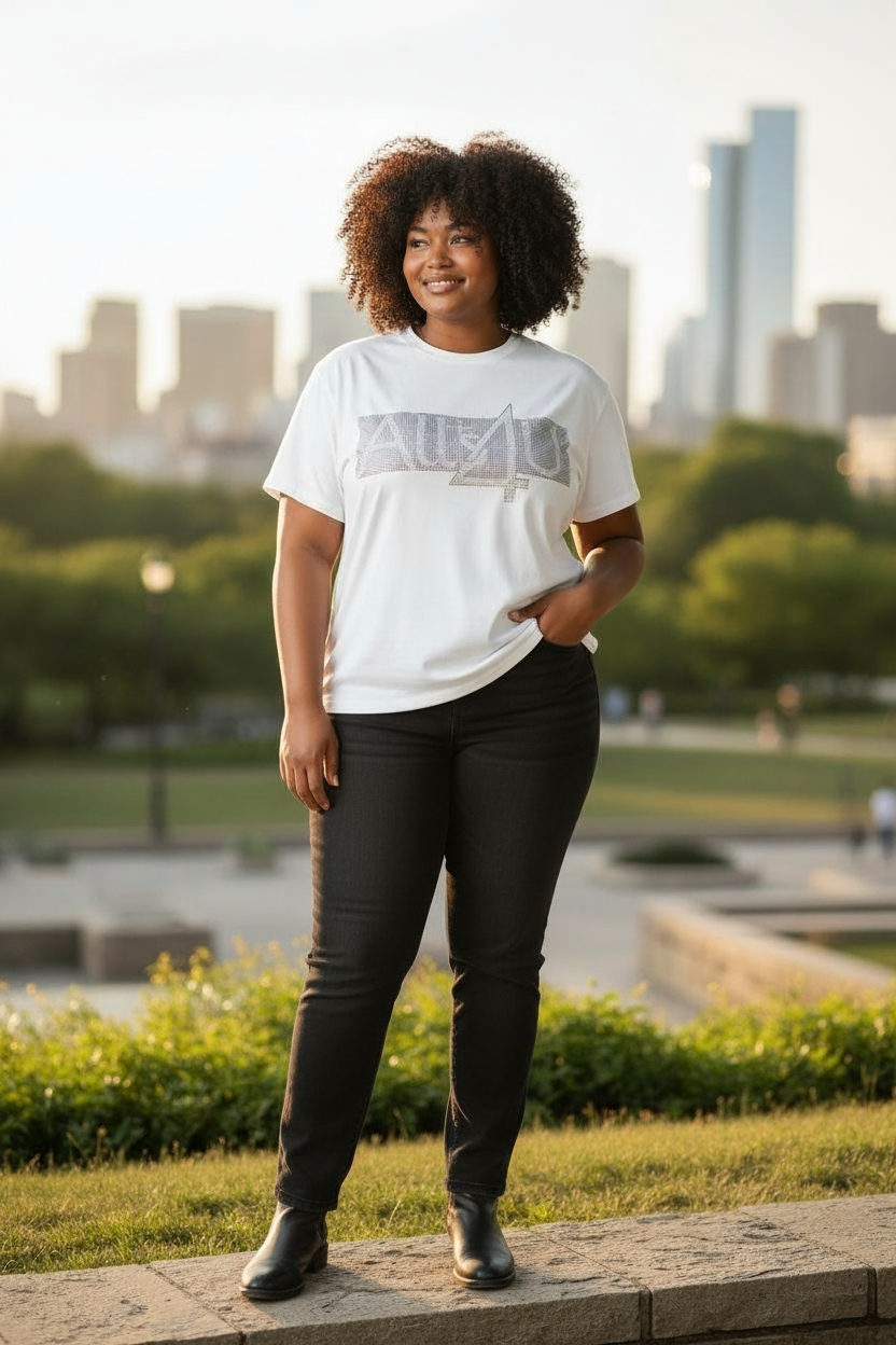 Person wearing a white "Starlight" t-shirt with ALLS4U logo, standing outdoors with a cityscape in the background